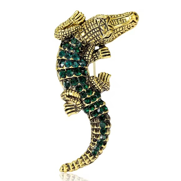 Alligator Emerald Crystal Gold Brooch - Picture 2 of 4